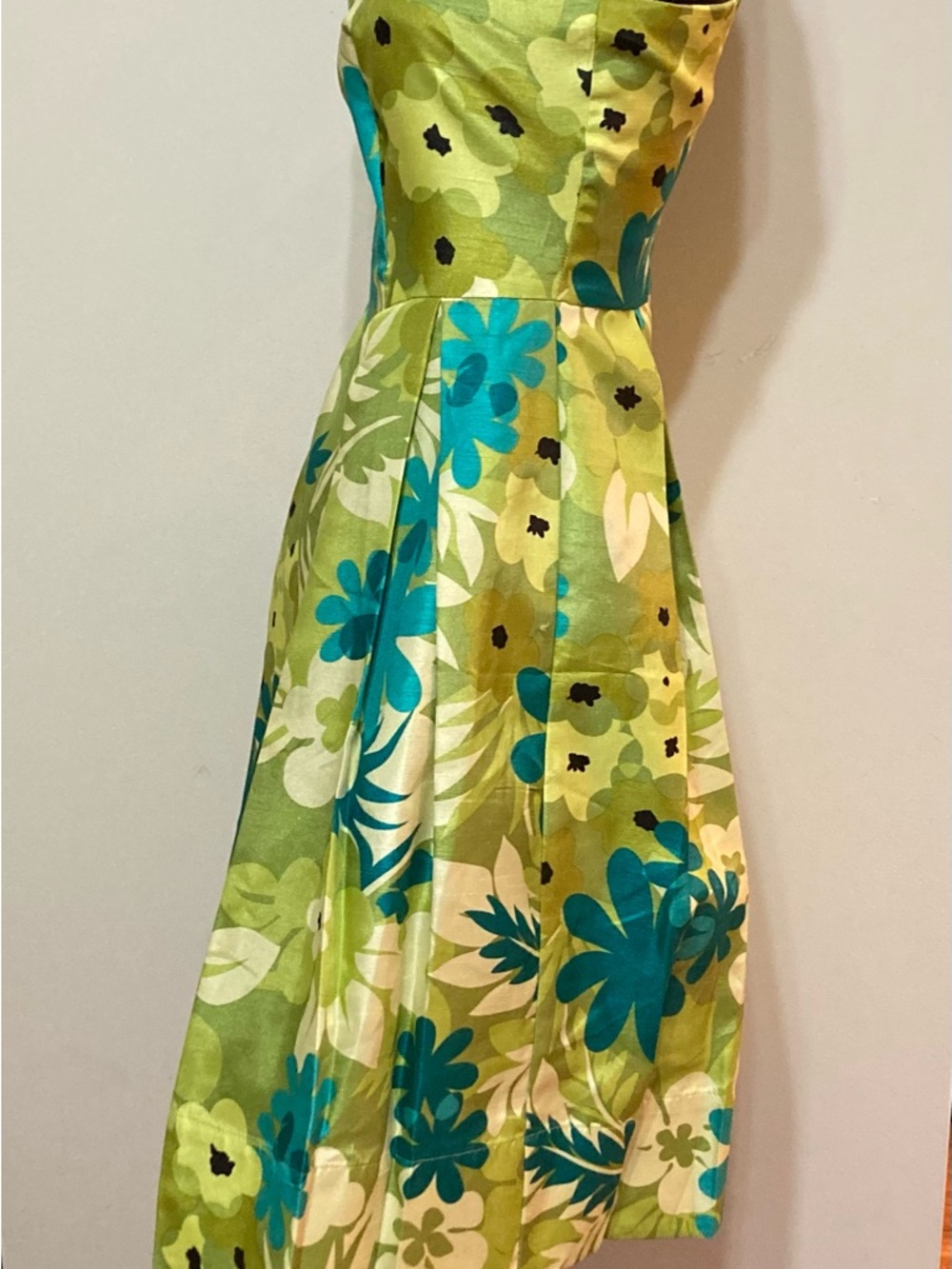 Green Floral A-Line Dress with Teal Accents. Item# TSd21 - Picture 6 of 7